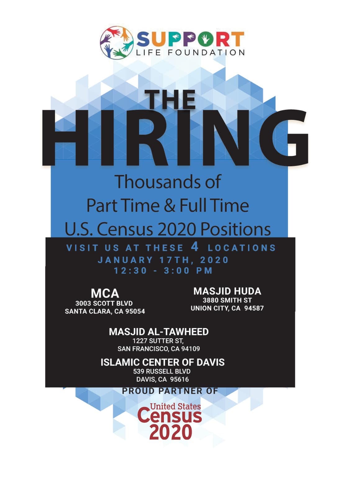 A Census 2020 hiring flyer listing four mosque locations where Support Life Foundation ran recruitment events